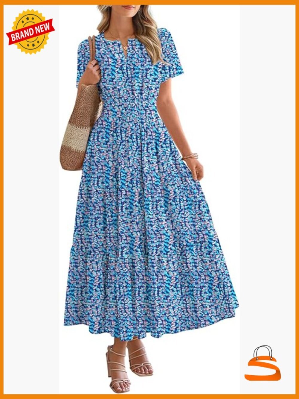 Boho Floral Maxi Dress V Neck Short Sleeve Flowy Tiered Ruffle Elastic Waist